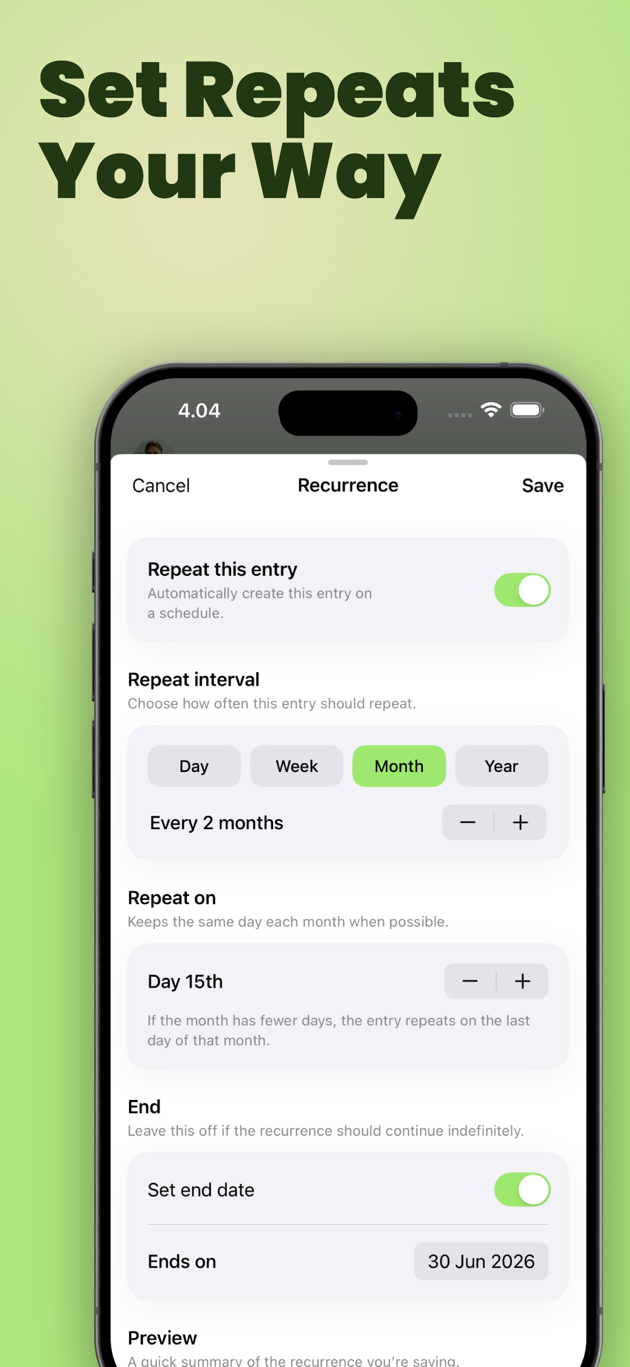 Recurring Entries schedule screen for rent, subscriptions, and repeating shared costs