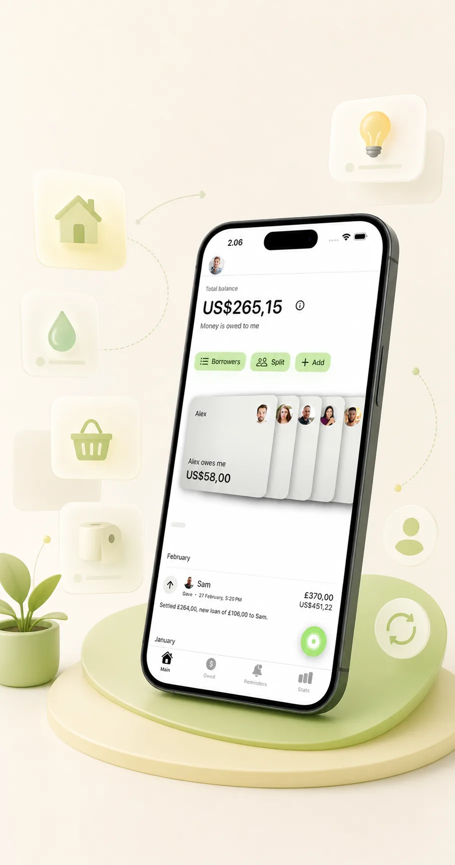 You Owe Me app screenshot showing shared household balances for roommate expenses.
