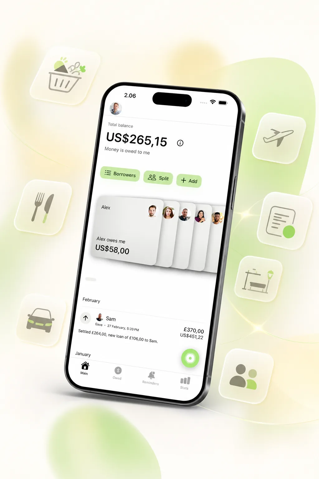 You Owe Me app screenshot showing shared expenses, running balances, and who owes whom.
