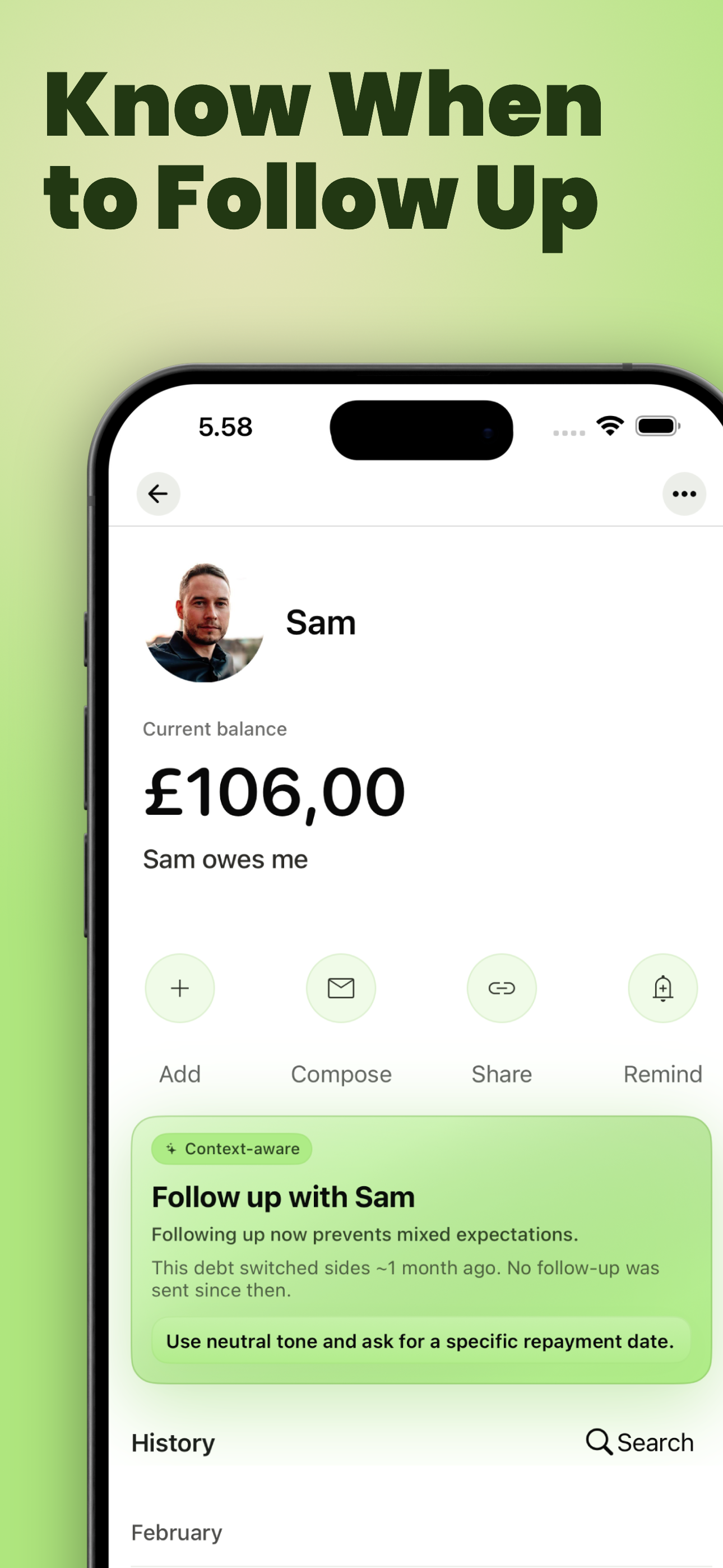 YouOweMe Smart Money Check-Ins suggesting when to follow up about money owed
