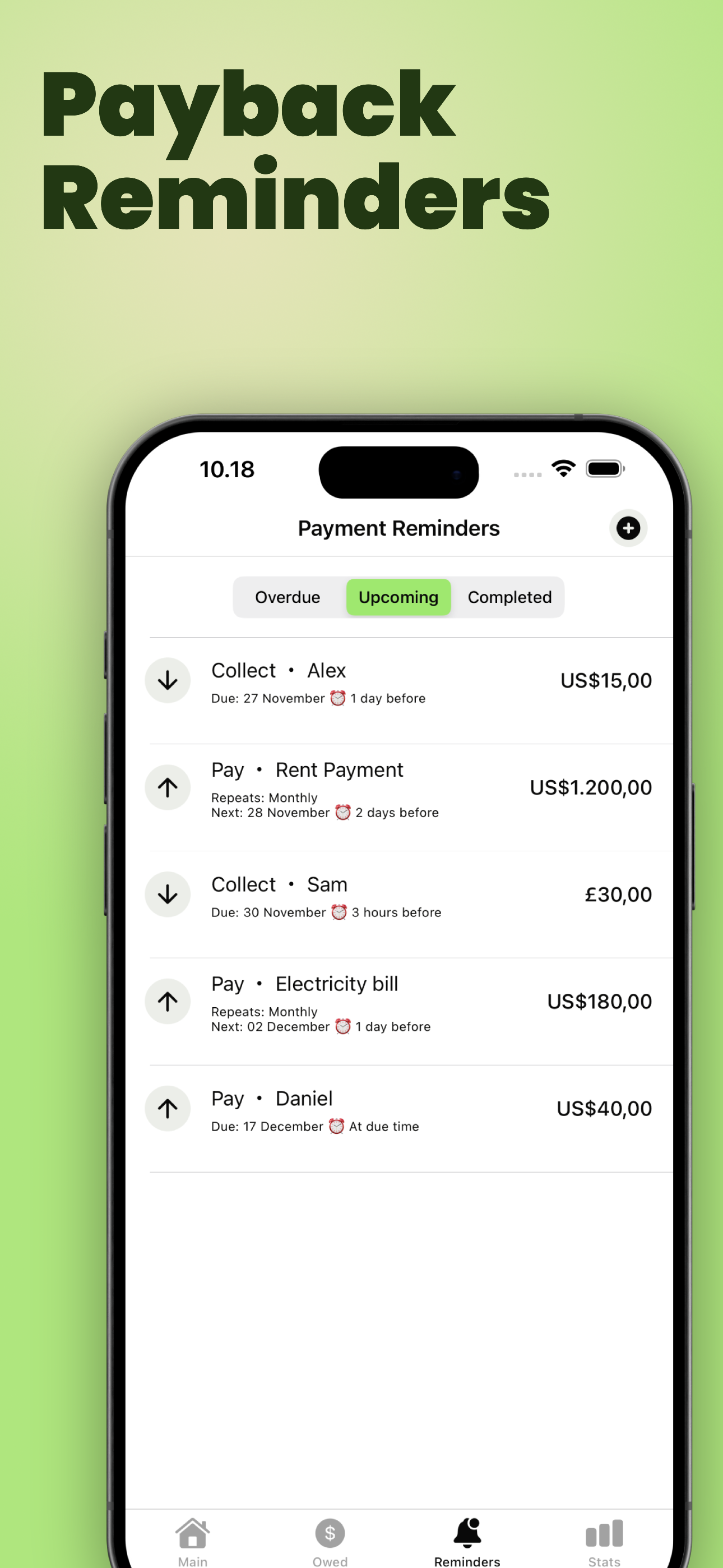 YouOweMe payment reminders screen for upcoming, overdue, and completed payback reminders