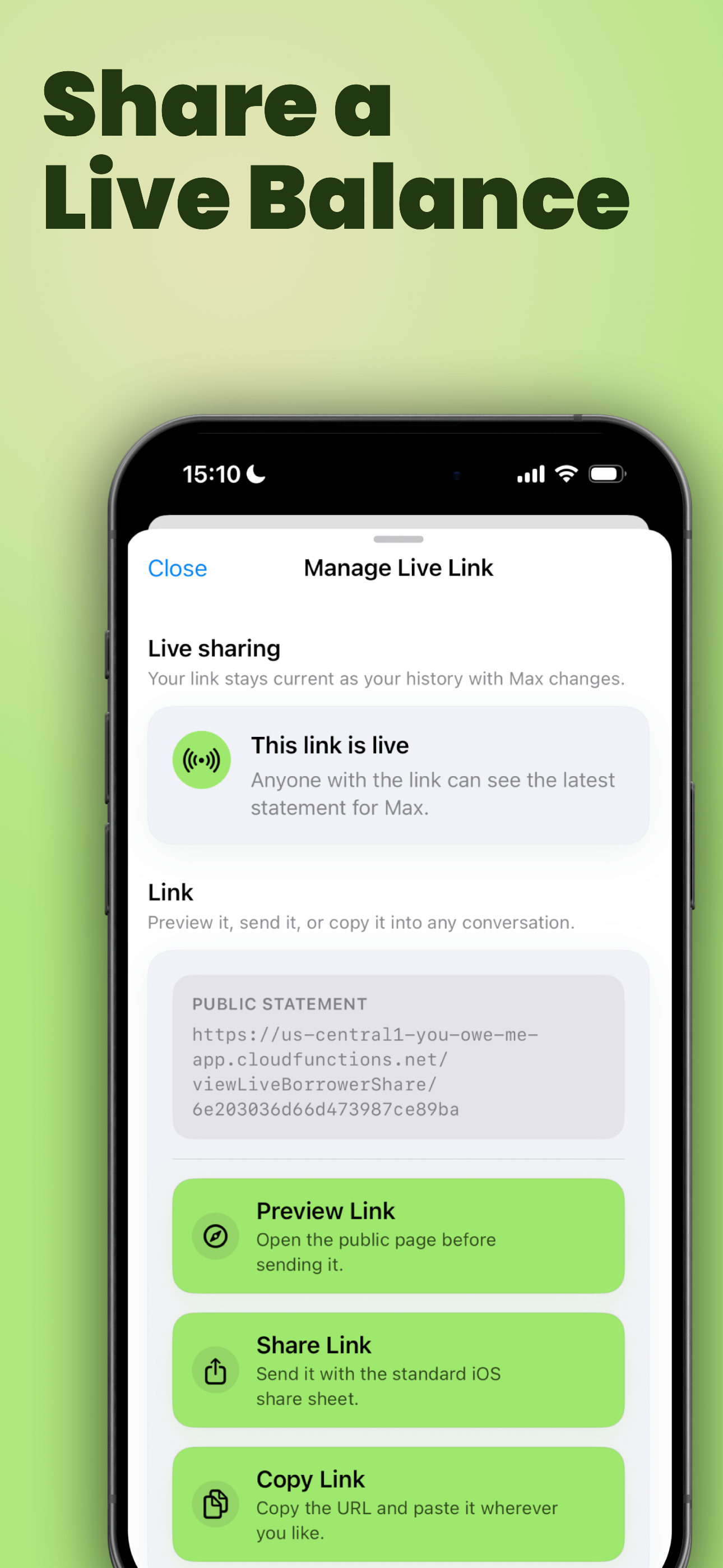 YouOweMe Live Link for sharing an always-current balance without requiring the other person to install the app