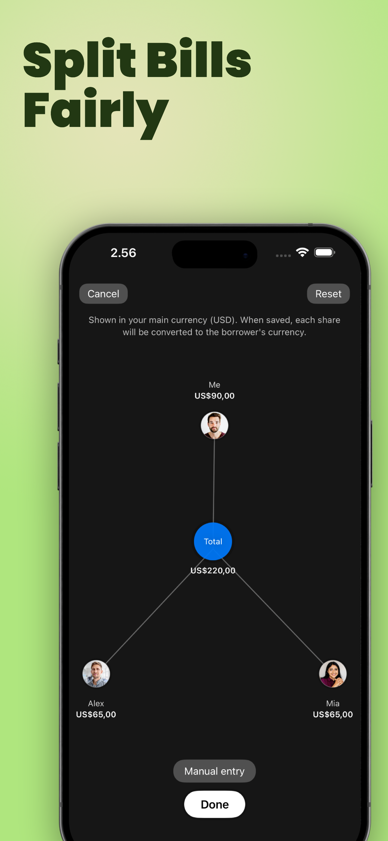 YouOweMe Split Entry turning one shared expense into separate per-person balances