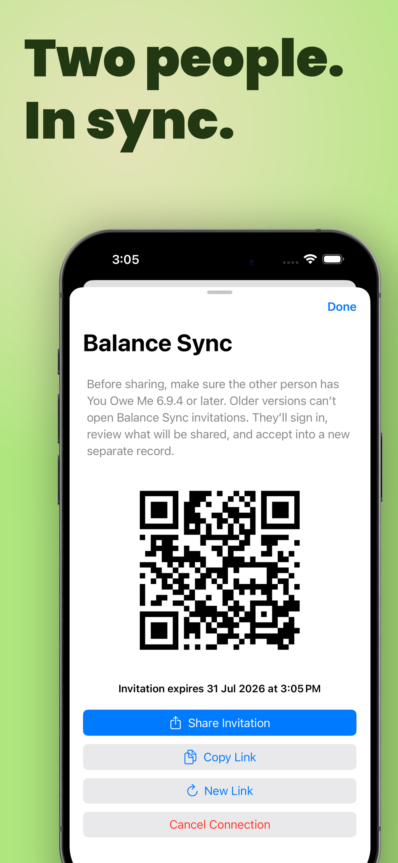 Balance Sync invitation screen with a QR code and share link for connecting two You Owe Me users