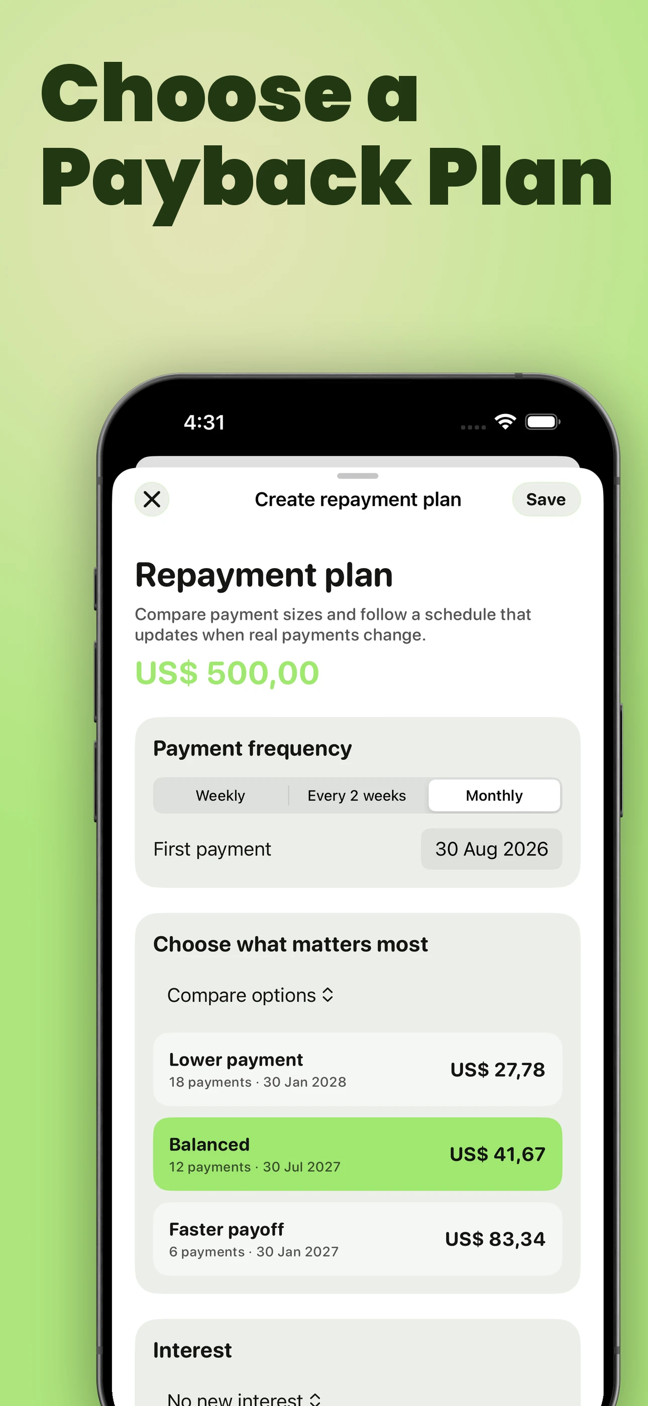 Lower, Balanced, and Faster repayment options for a personal loan in You Owe Me.