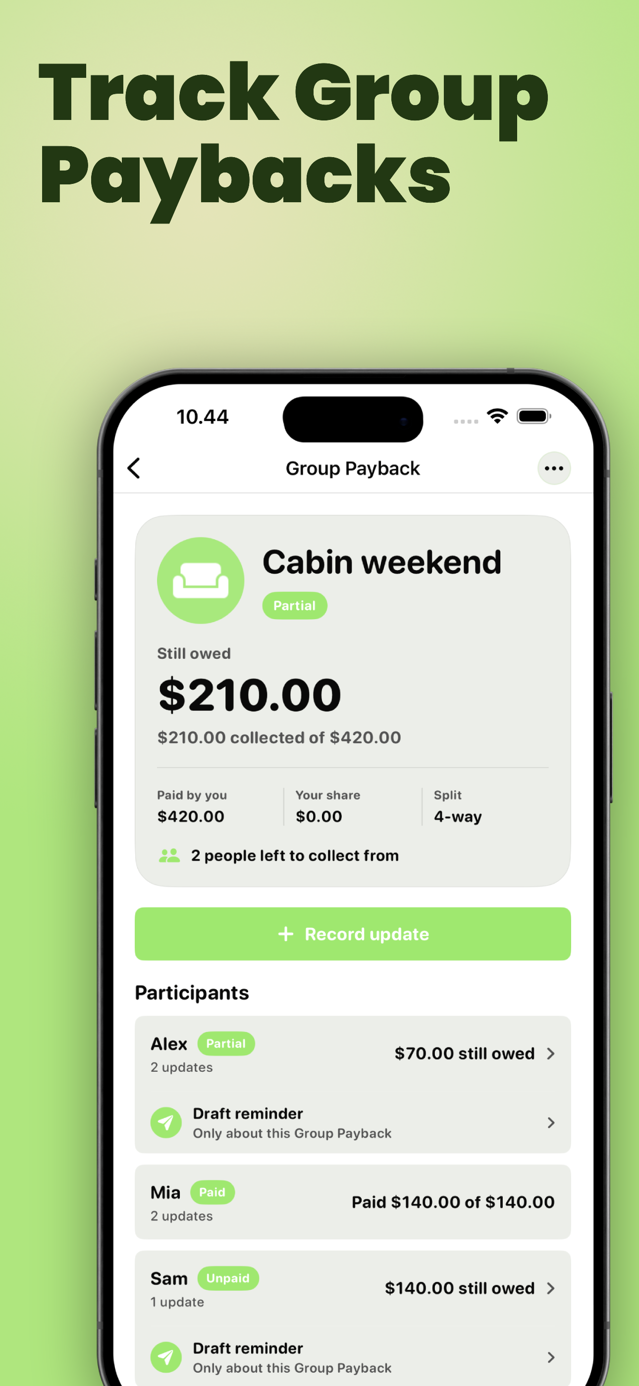YouOweMe Group Payback screen showing a shared cost with paid, partial, and unpaid participants