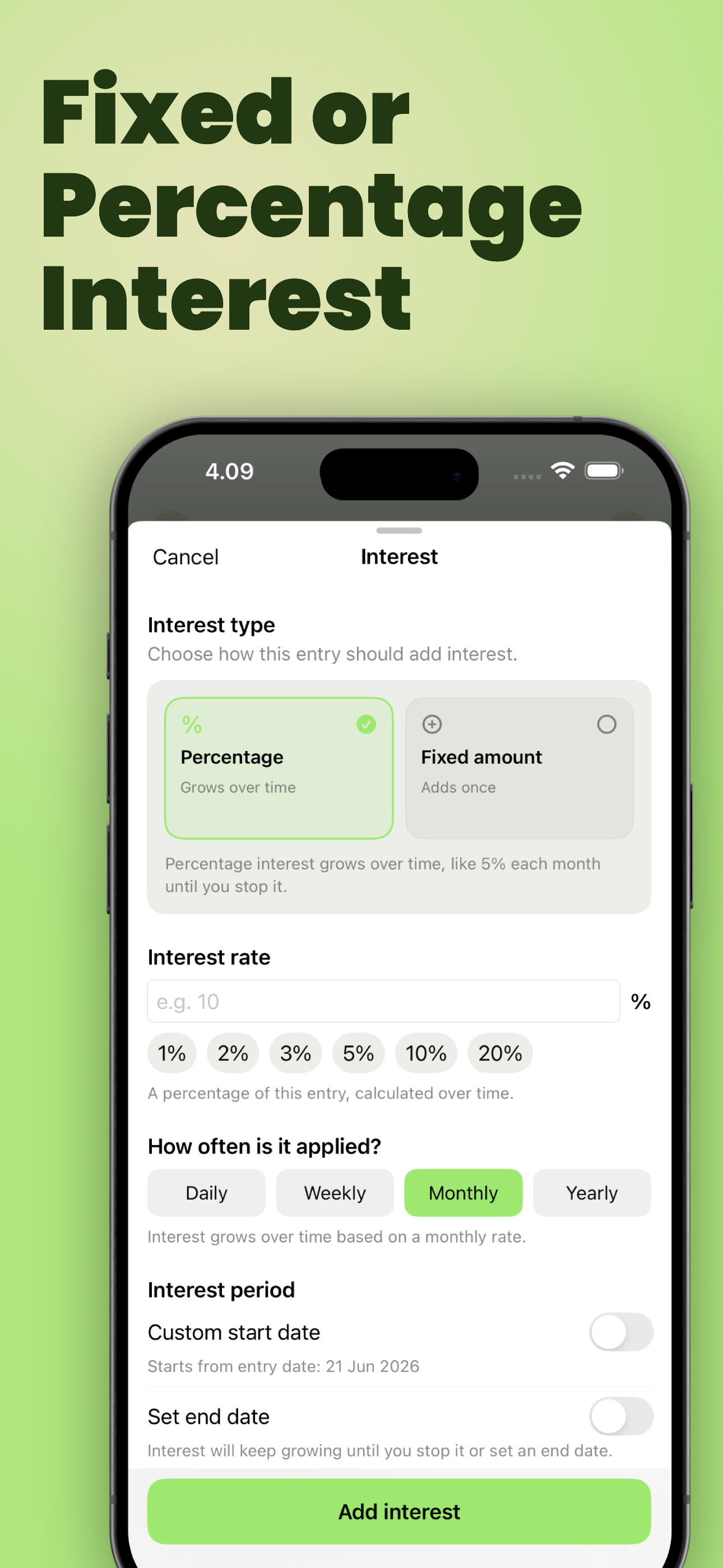 YouOweMe interest settings screen showing percentage interest, fixed amount interest, rate options, frequency, and interest period controls