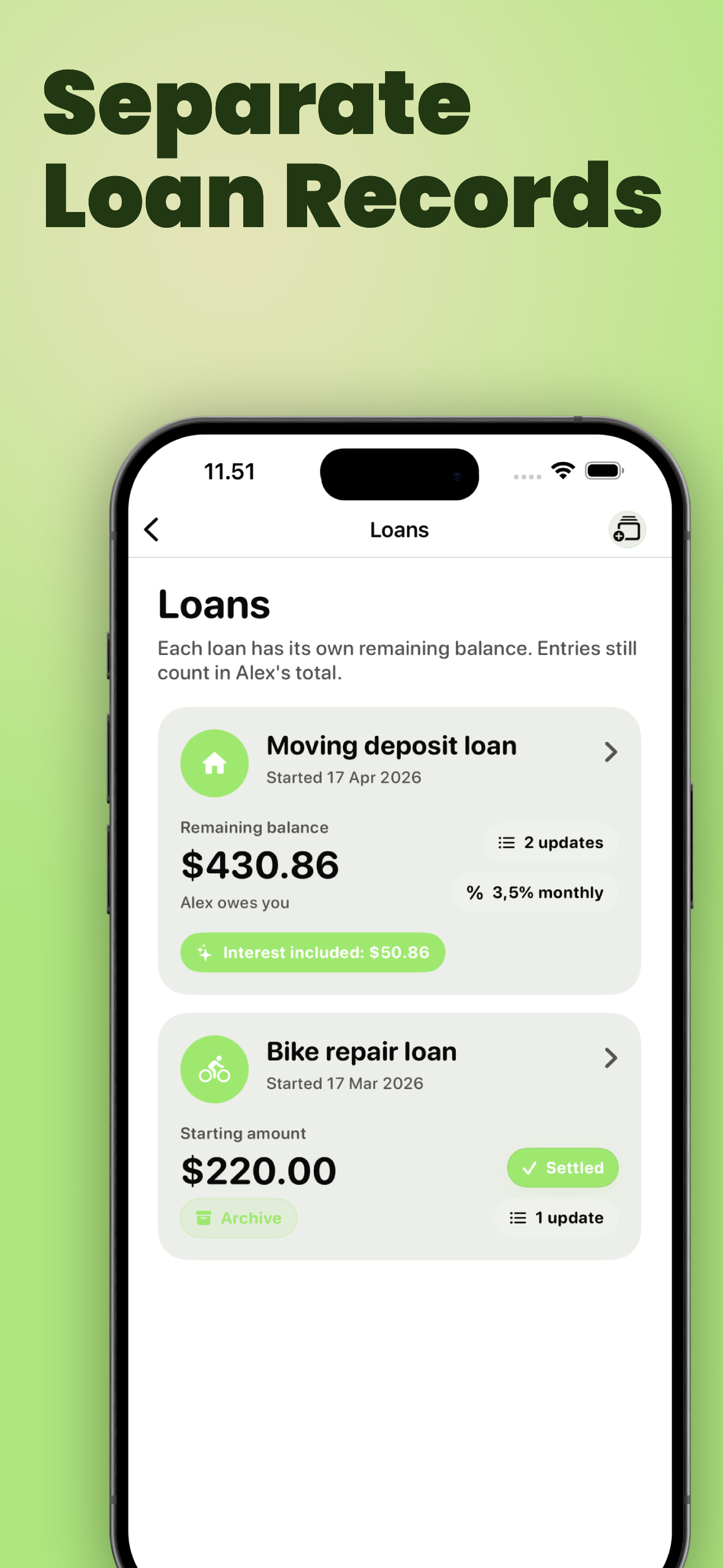 YouOweMe Loan Records screen showing separate loan records with remaining balance, updates, settlement status, and interest included