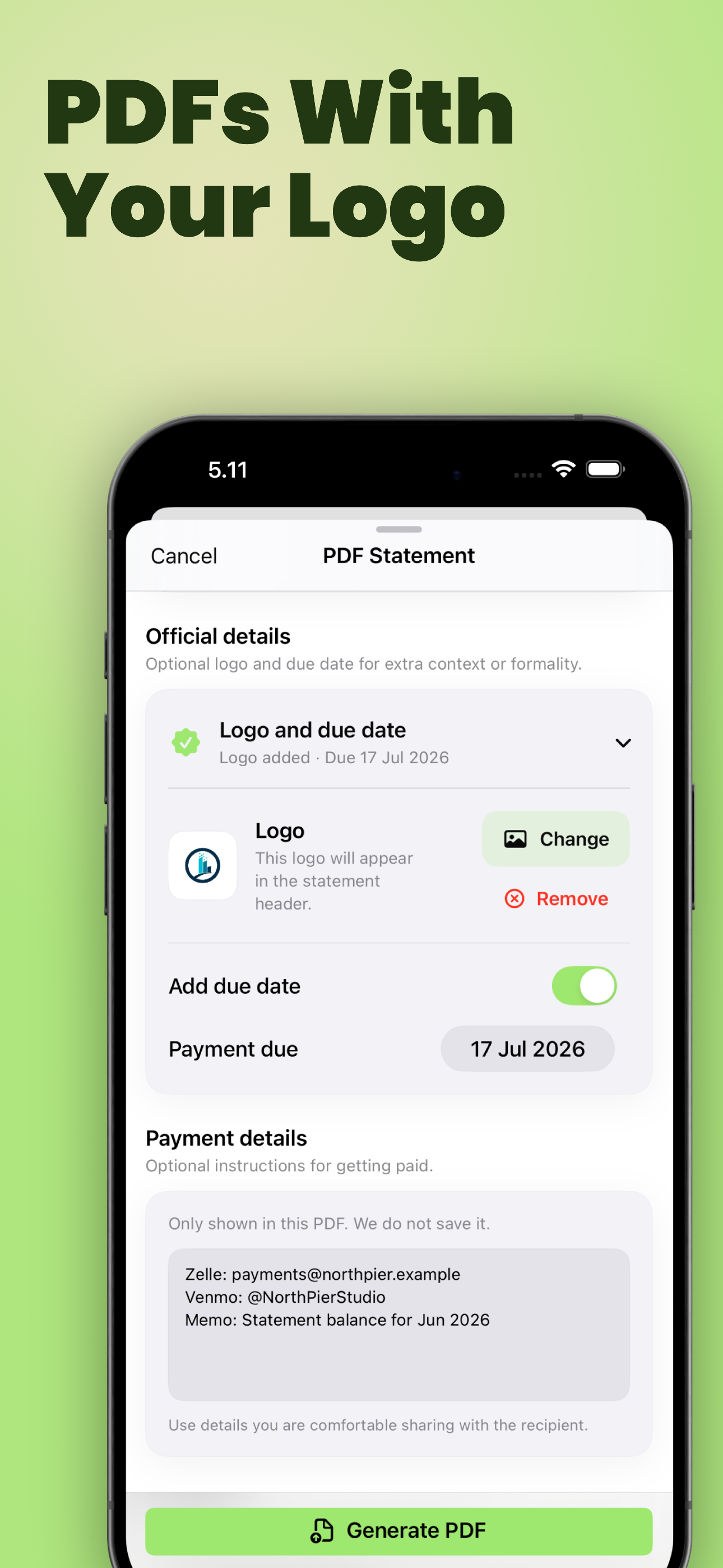 YouOweMe PDF statement official details screen showing logo, due date, and payment details options