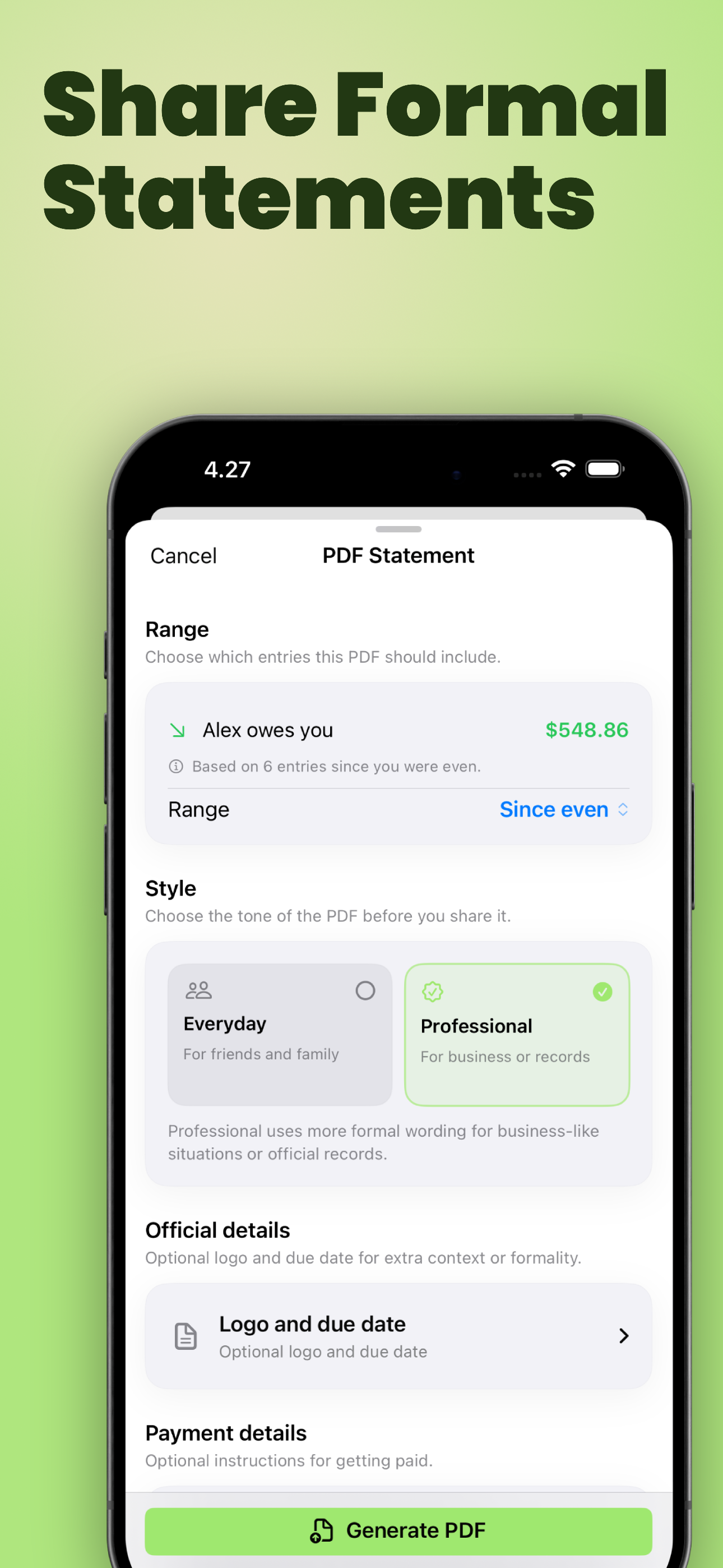 YouOweMe PDF statement settings screen for choosing entries, everyday or professional wording, official details, and payment details