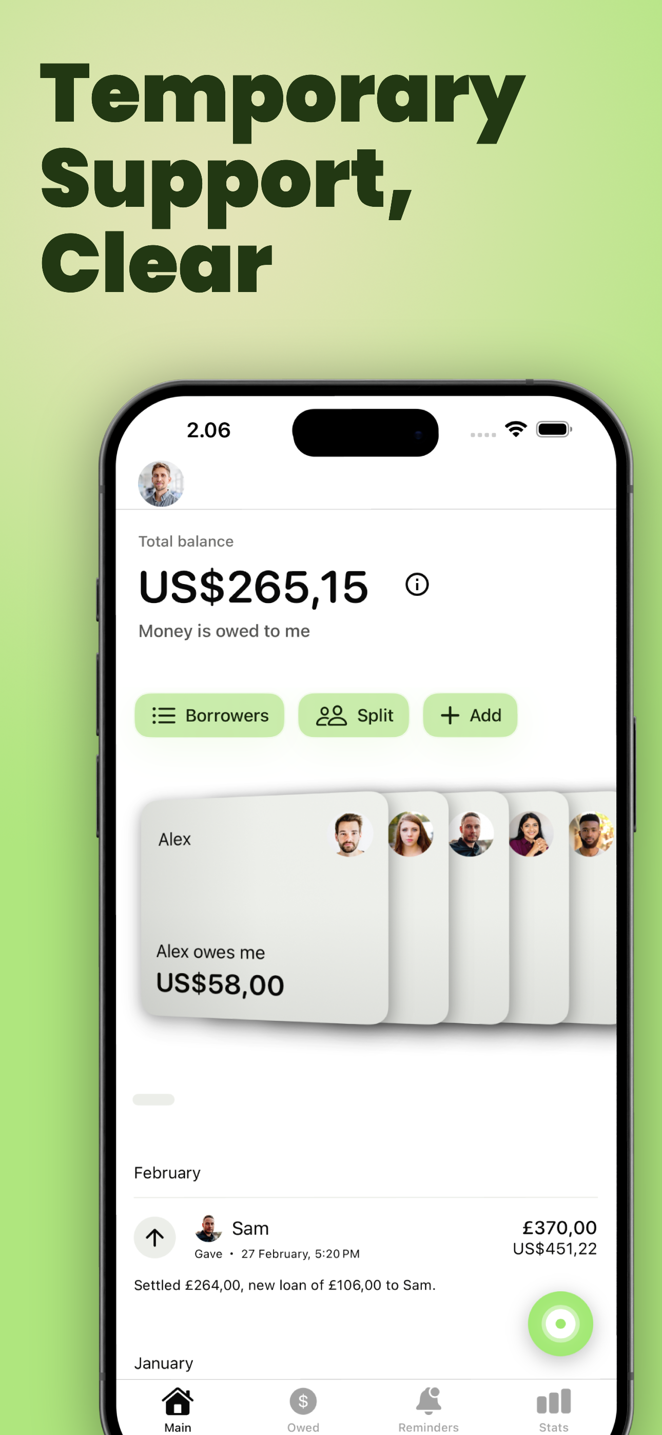 YouOweMe temporary support tracking screen showing a clear balance, borrowers, split, add actions, and repayment history