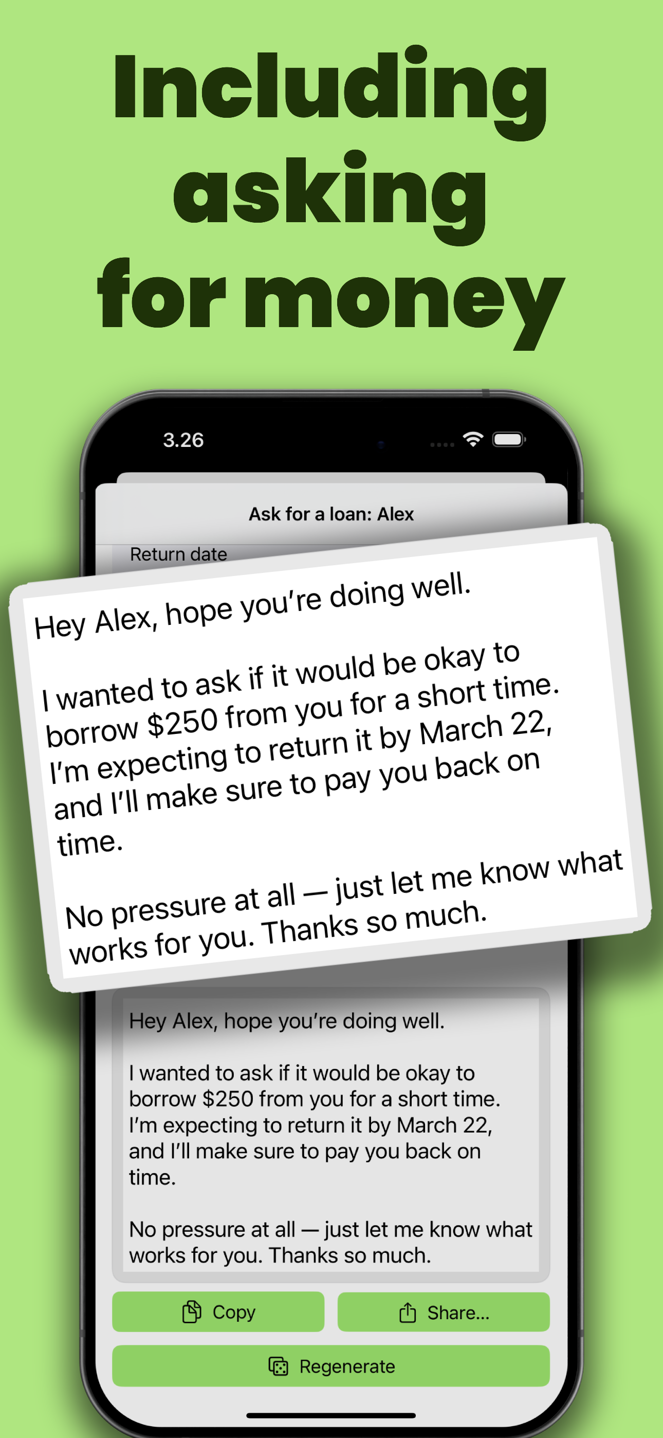Ask for Loan message screen for requesting money clearly