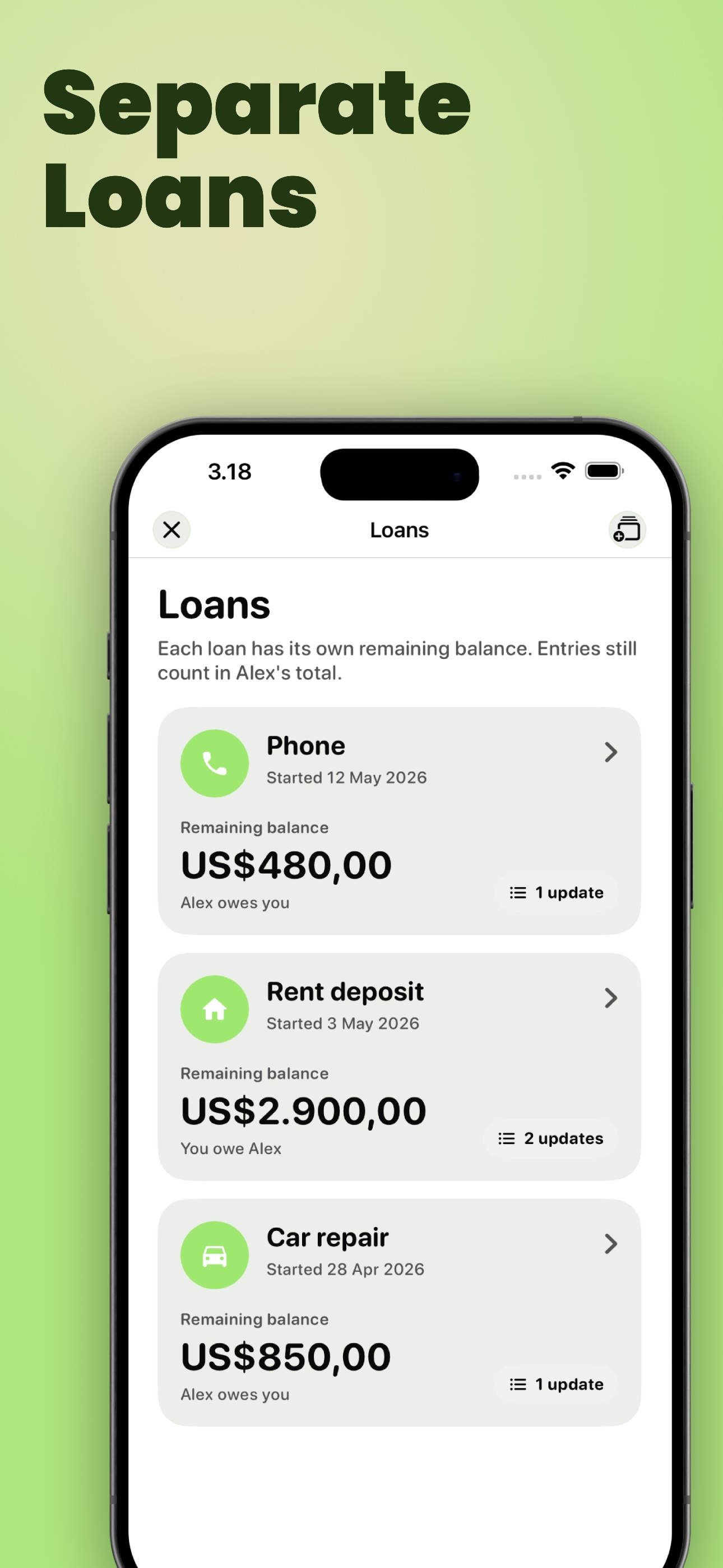 YouOweMe Loan Records screen showing separate loan balances for phone, rent deposit, and car repair.