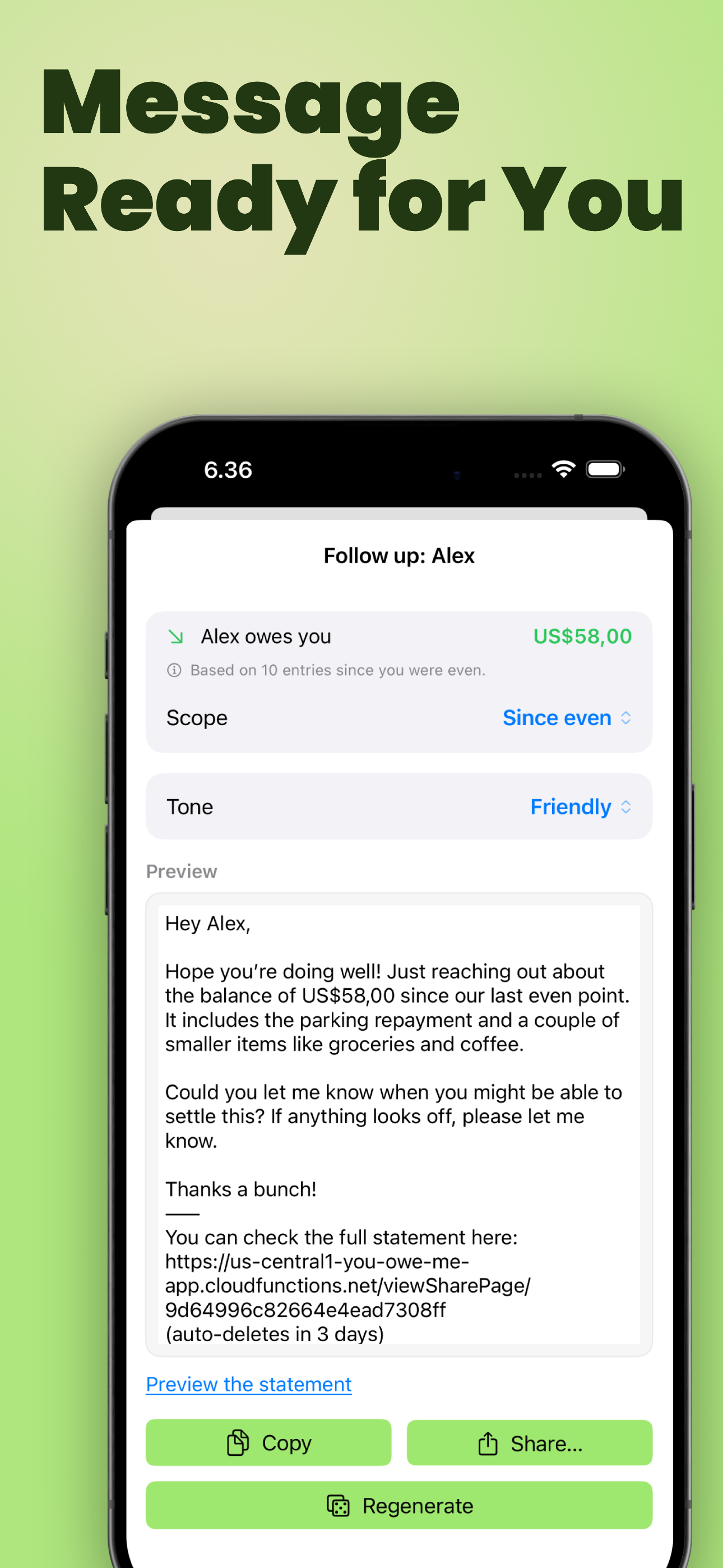 Money Conversations screen with follow-up message options