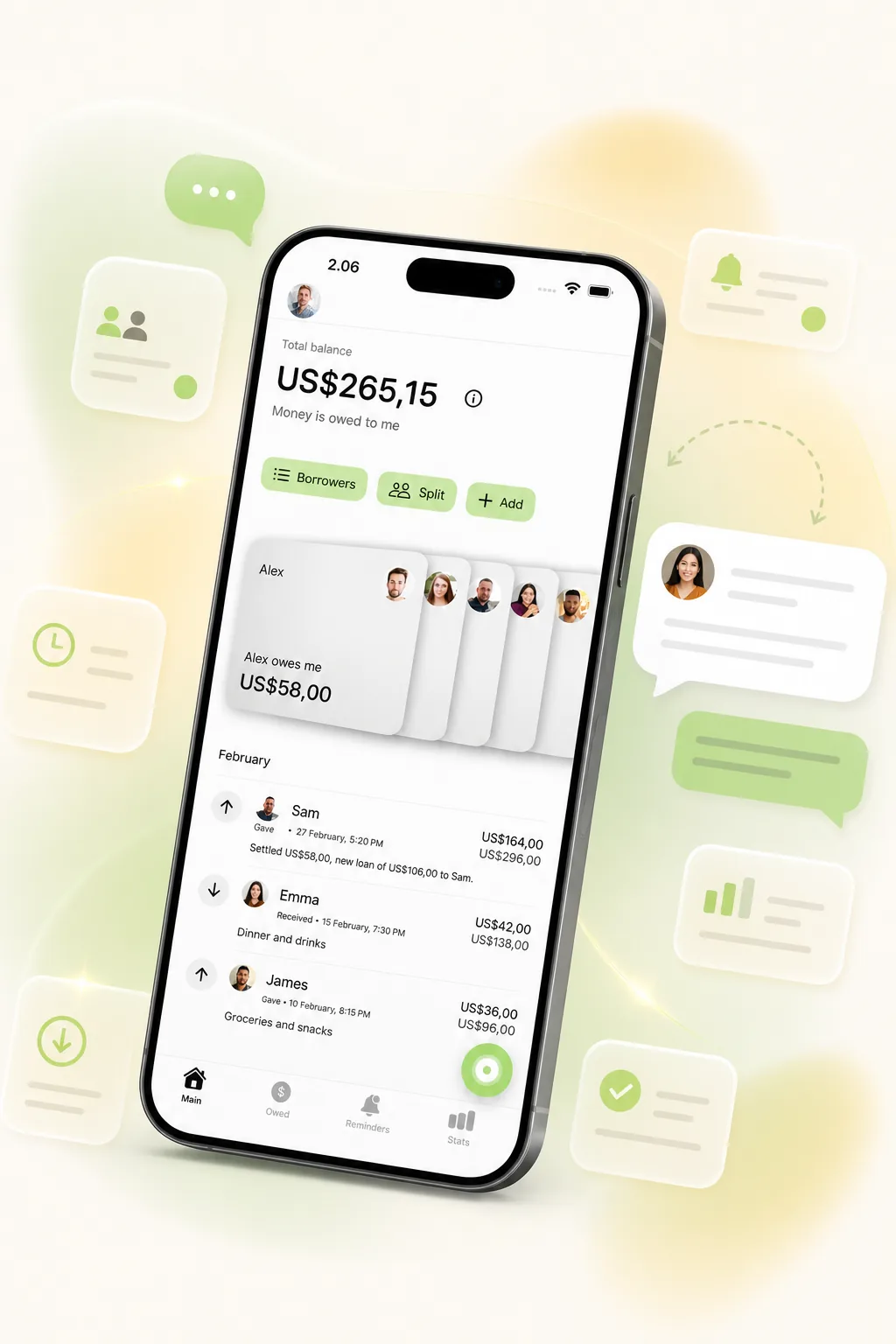 You Owe Me app screen showing money owed, repayment history, and calm follow-up support.