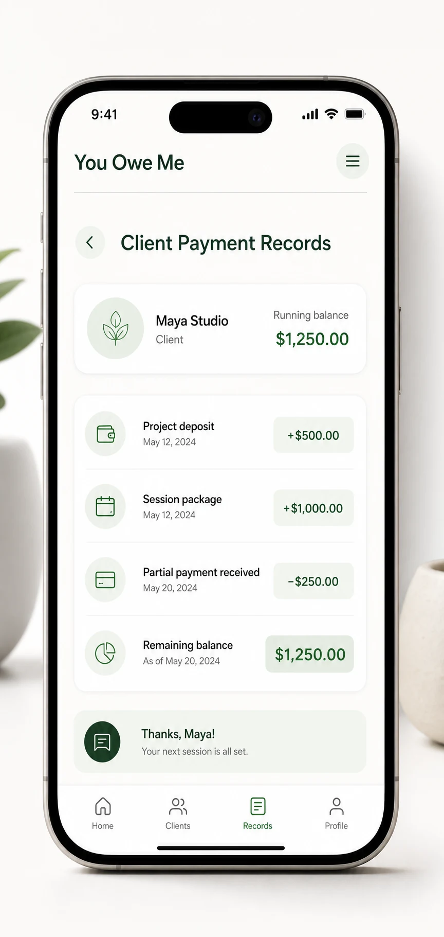 You Owe Me app-style client payment record showing deposit, partial payment, and remaining balance.