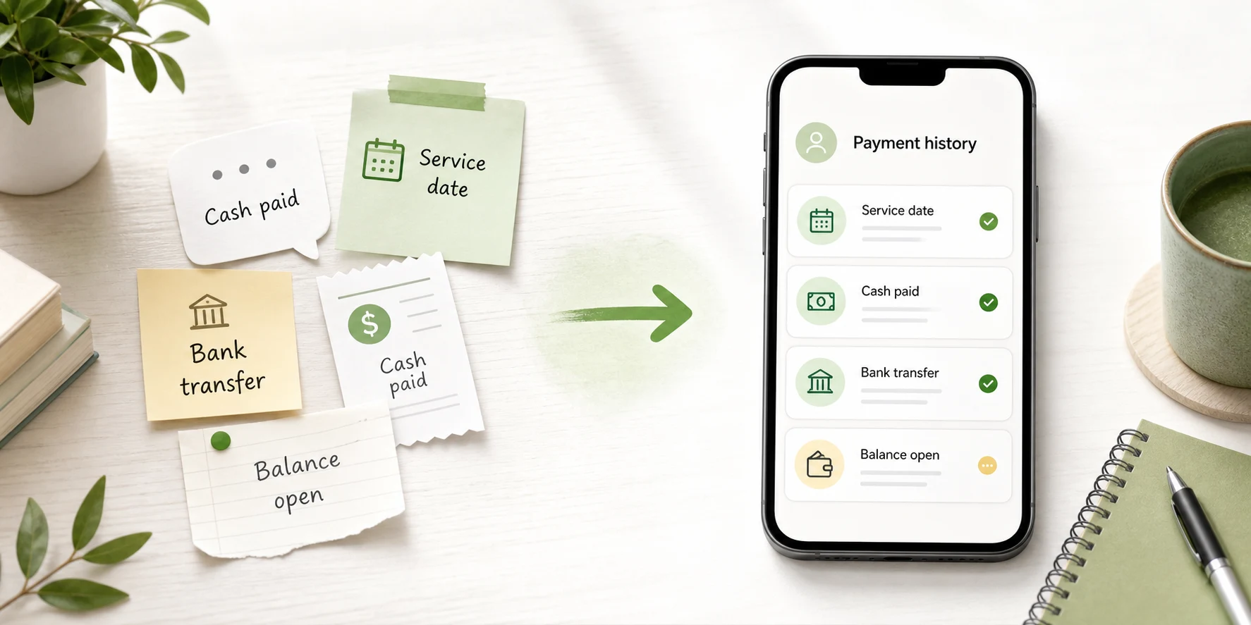 Scattered client payment notes and messages organized into one clear payment history.