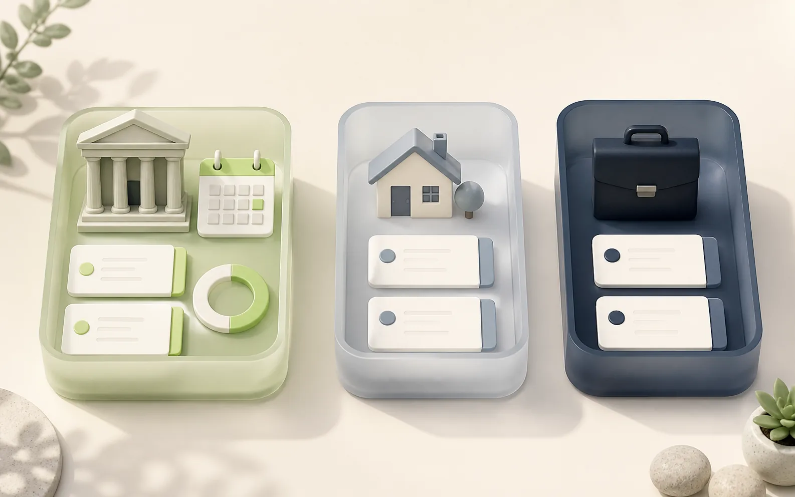Three separate organizers for debt, personal, and work records, each with its own entries and progress.