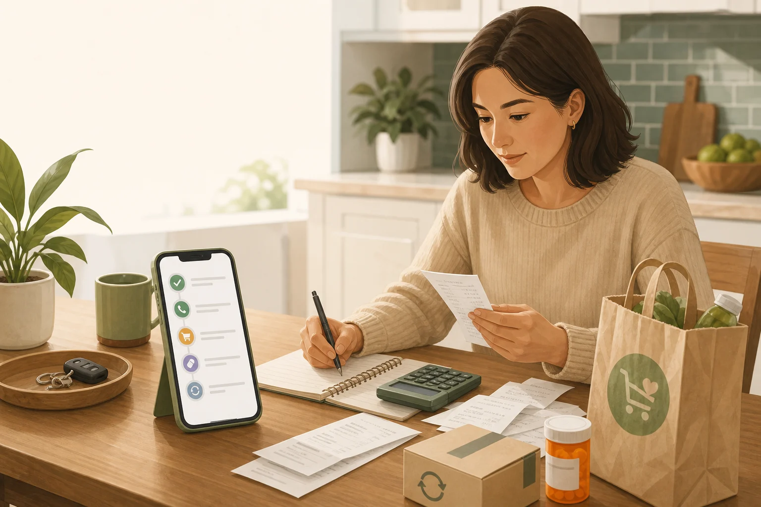 Adult child organizing parent-related bills and reimbursements with a money tracking app.