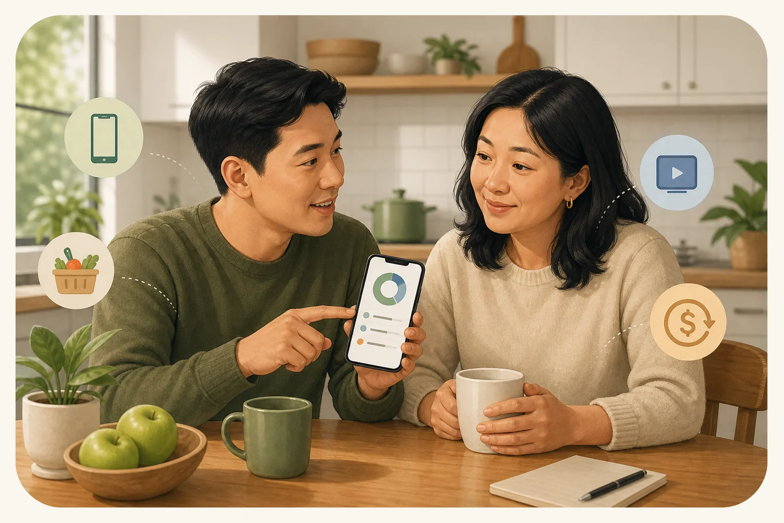 Family members calmly reviewing a parent expense summary.