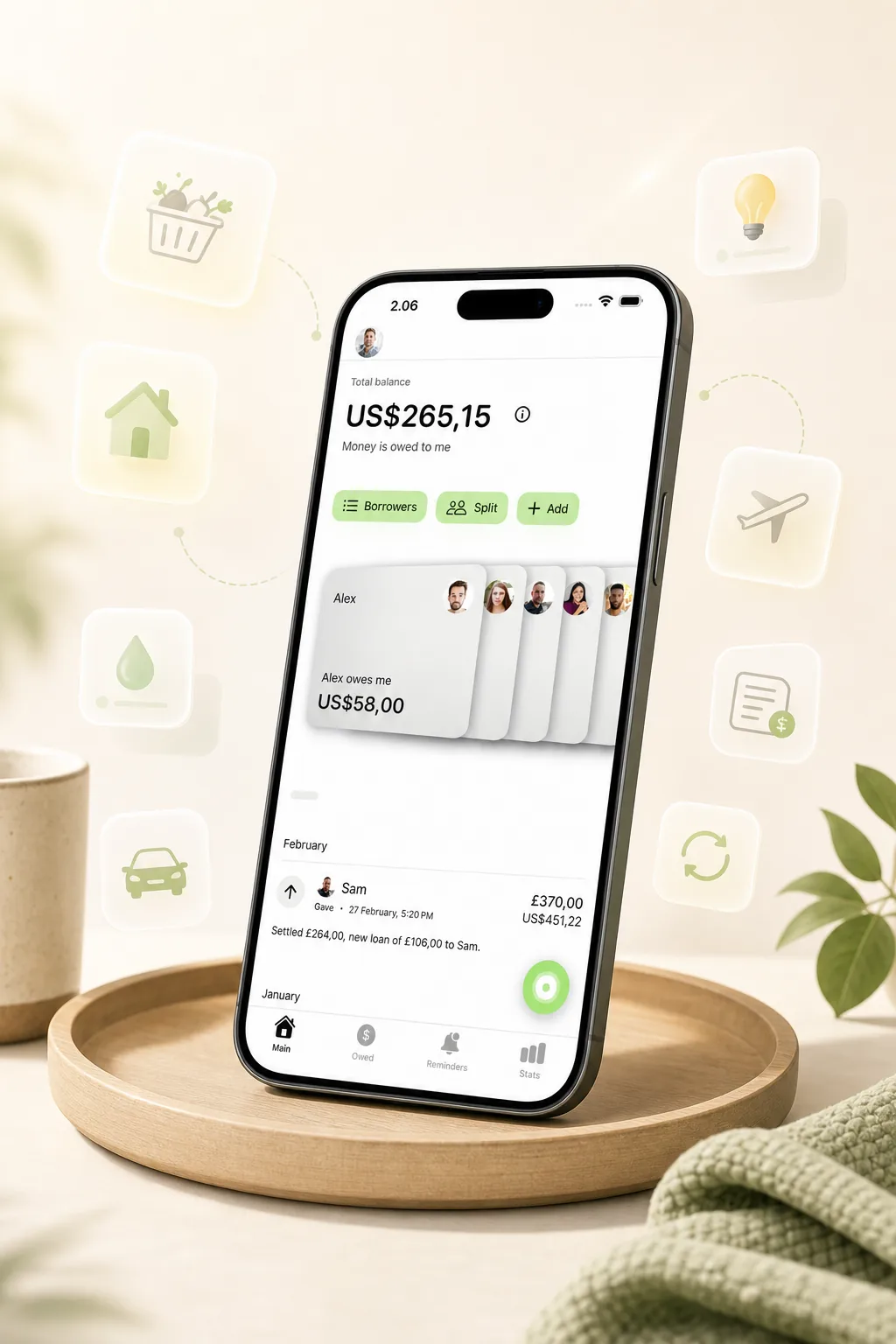You Owe Me app screenshot showing a running balance for shared spending between partners.