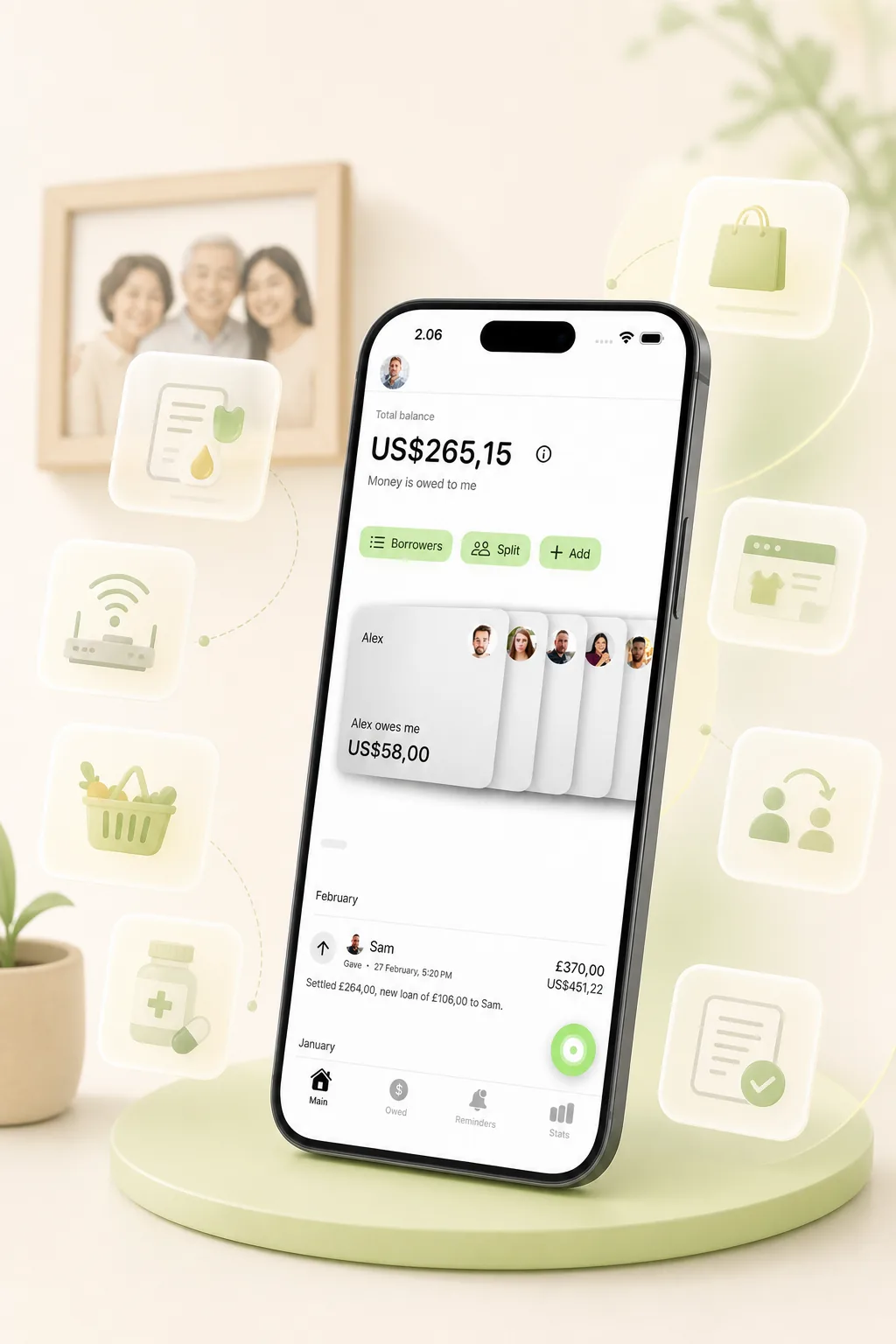 You Owe Me app screenshot showing family reimbursements, recurring bills, and repayment history.