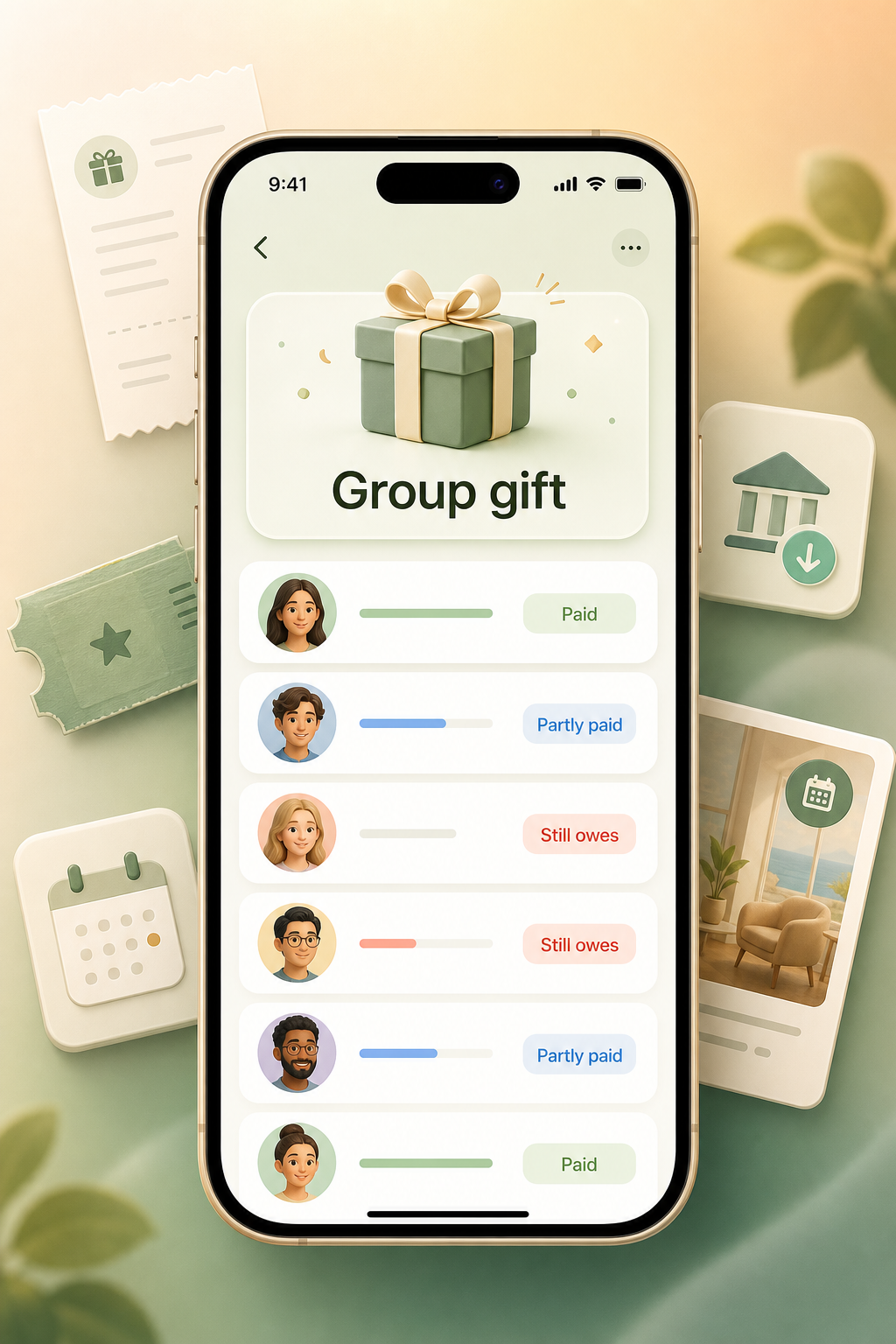 App-style group payback tracker showing a shared cost with paid, partly paid, and still owes statuses.