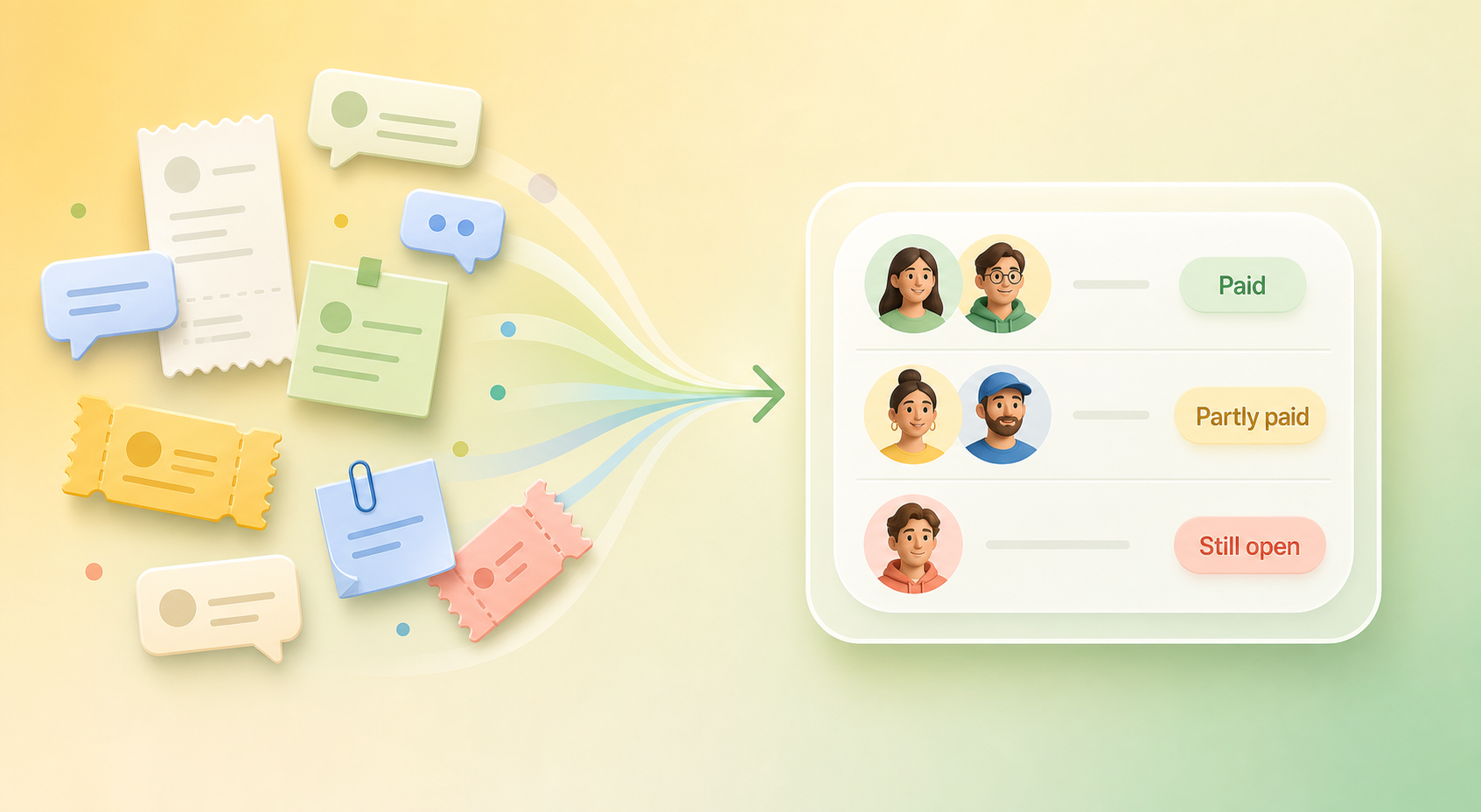 Illustration showing scattered group payment messages becoming one clear group payback record.