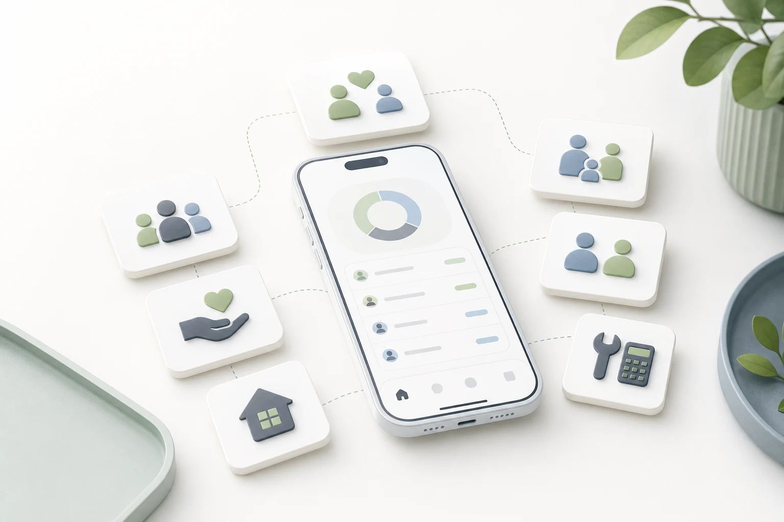 Organized app-style cards for shared expenses, family reimbursements, temporary support, household costs, and practical money-tracking tools.