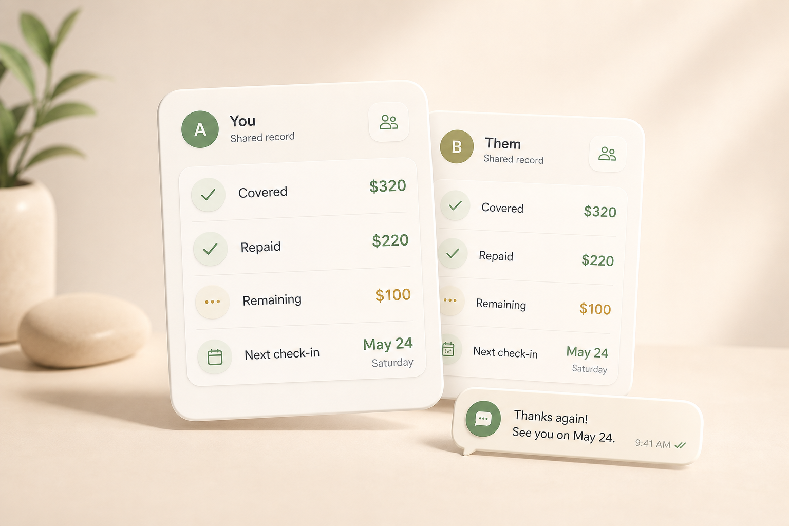 Temporary support record with covered amount, repayment, remaining balance, and next check-in