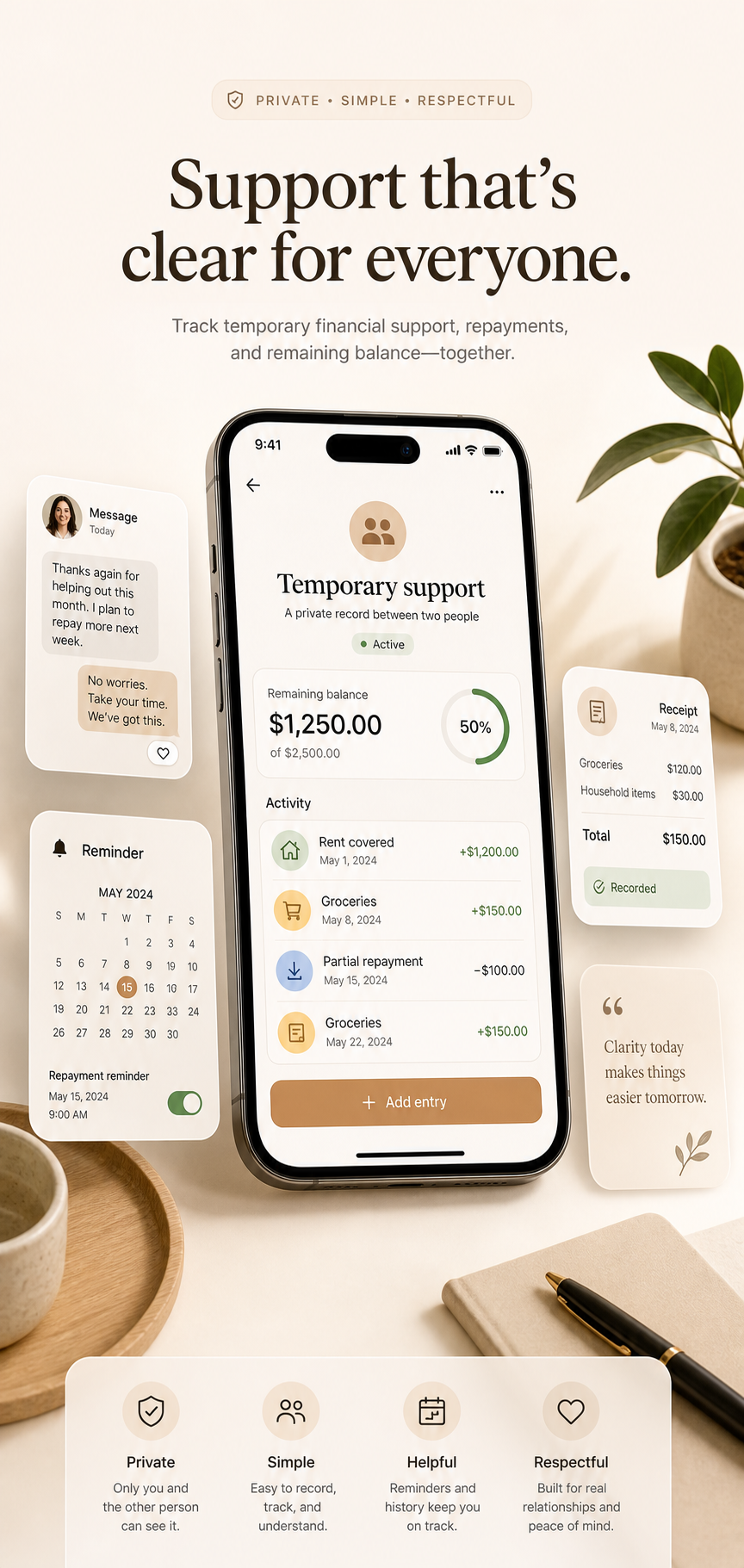 You Owe Me app-style temporary support record showing covered bills, partial repayment, and remaining balance