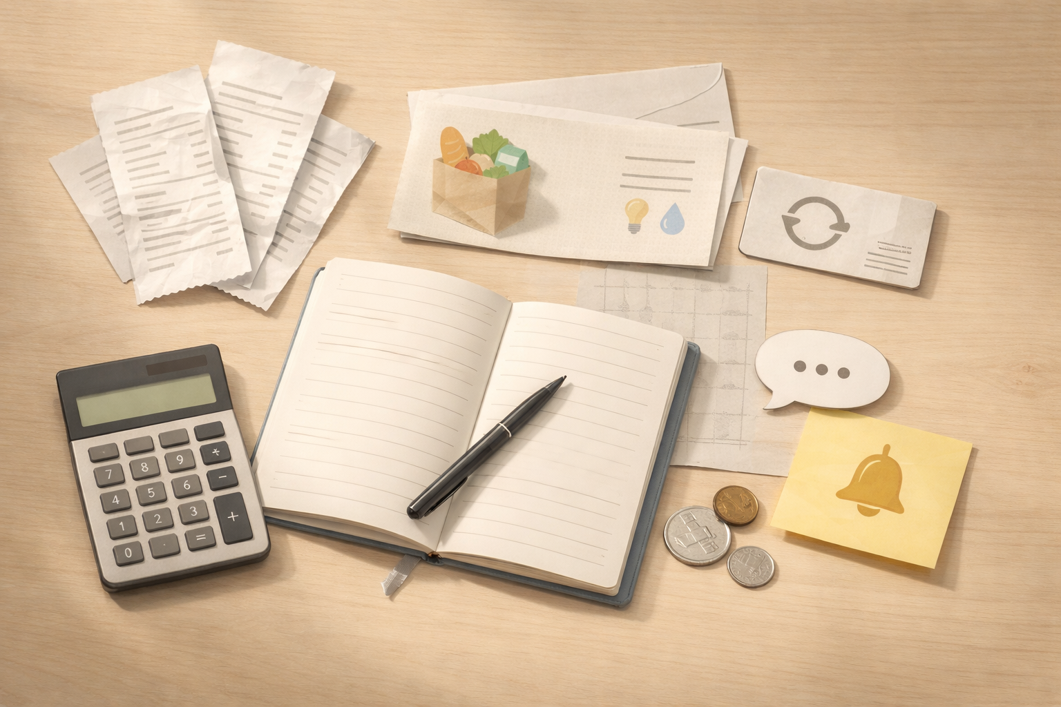 Illustration of receipts, recurring bills, notes, and spreadsheet clutter causing shared-expense confusion