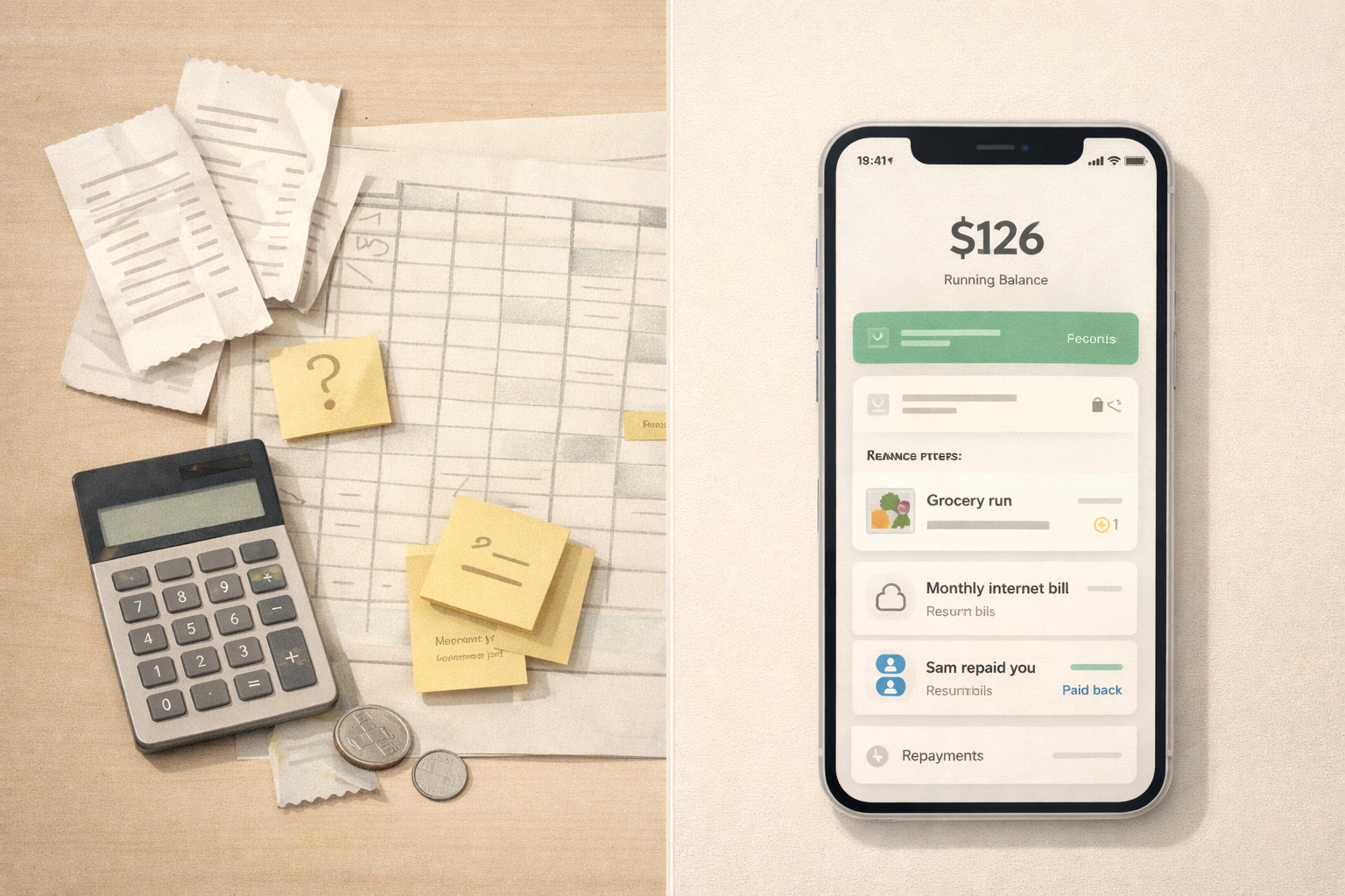 Comparison illustration showing spreadsheet-based shared-expense tracking versus a cleaner app-based running balance
