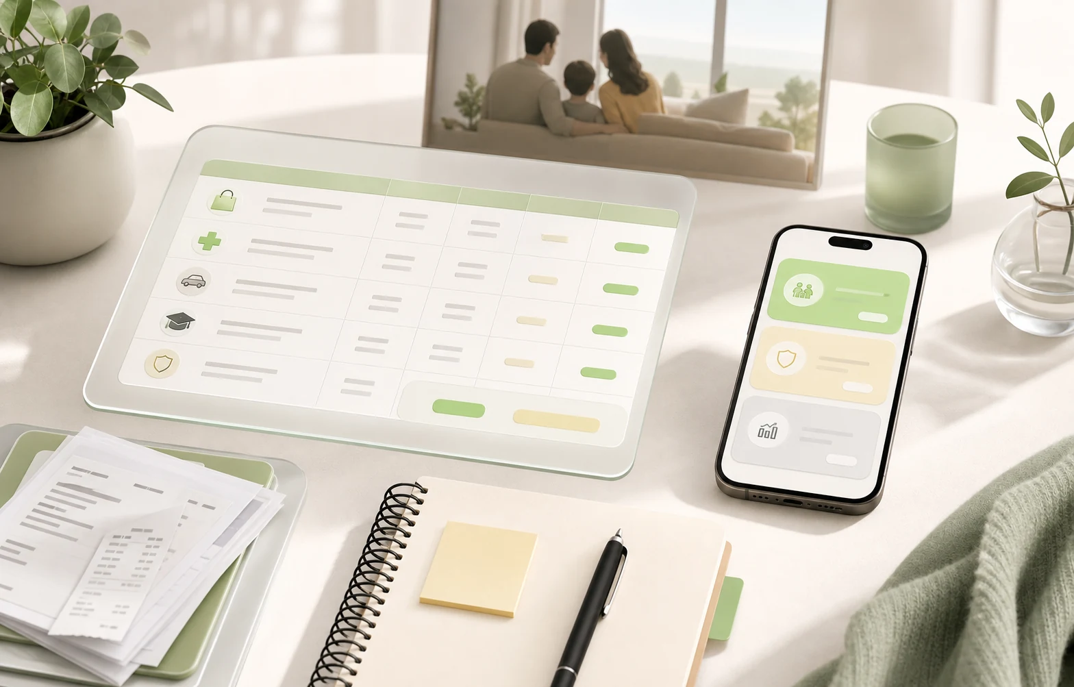 Monthly family reimbursement review with receipts and balance cards.
