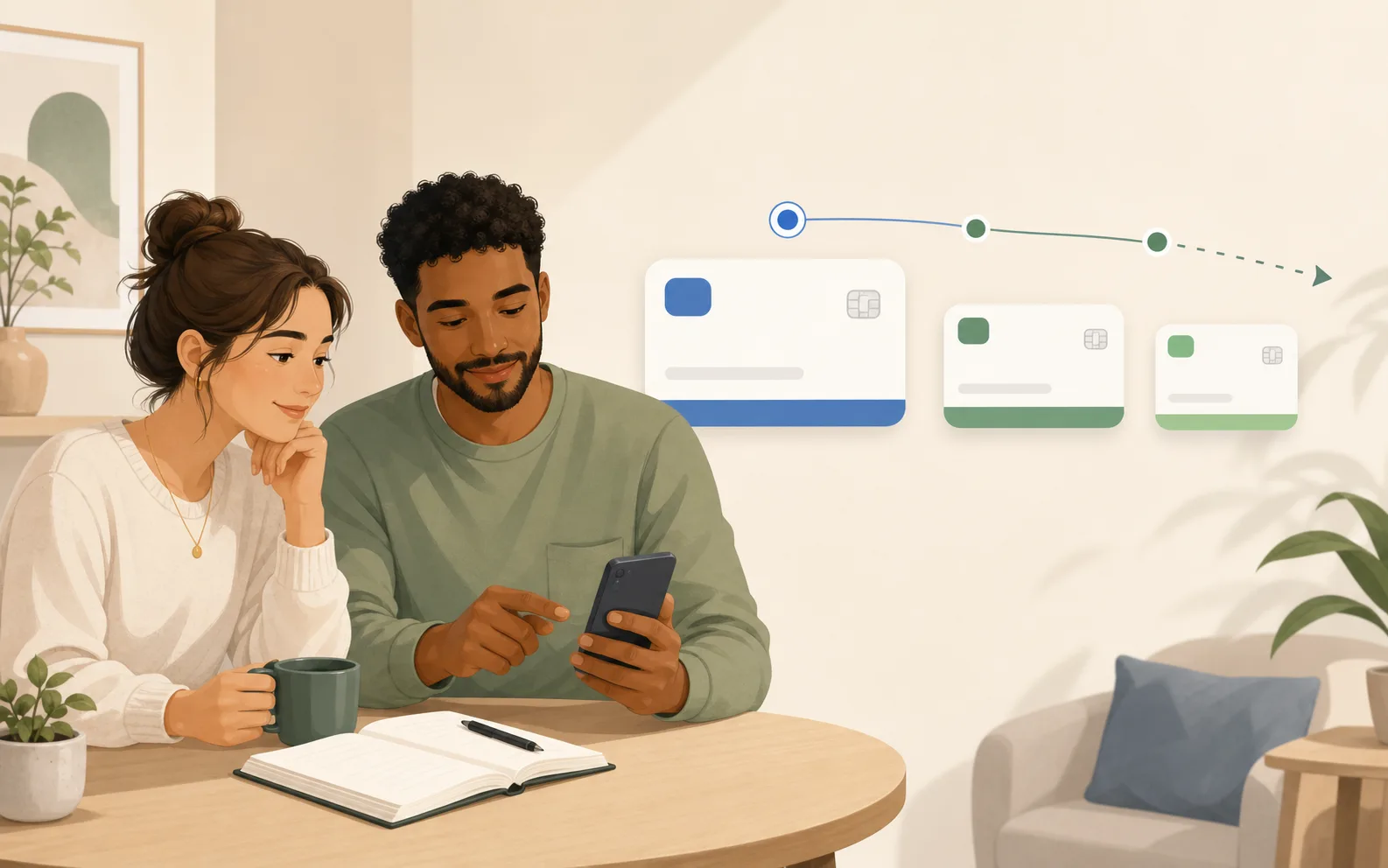 Illustration of two people calmly reviewing partial repayments and a remaining balance.