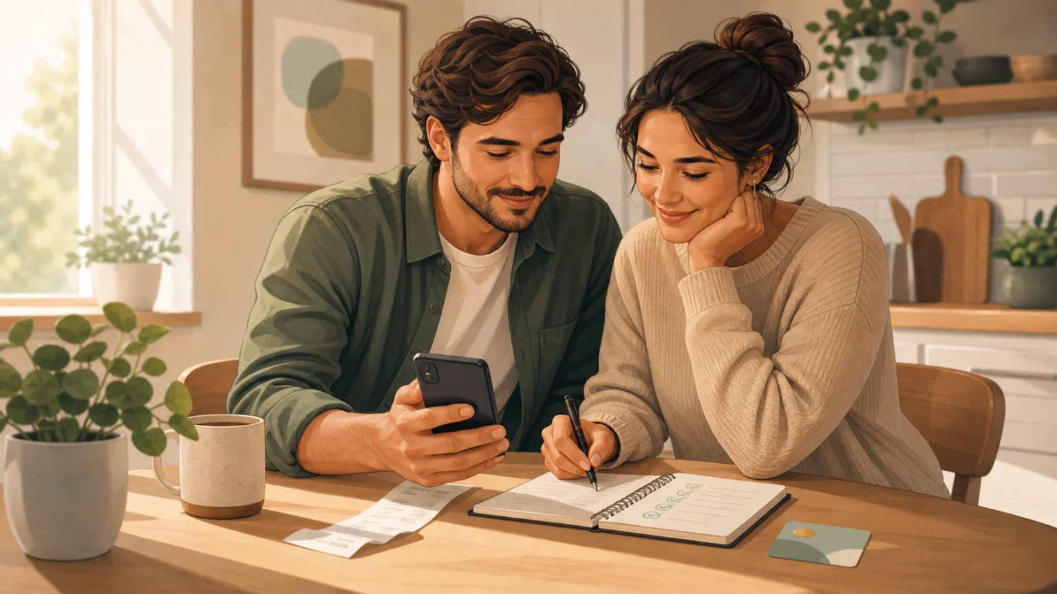 Two people calmly reviewing a simple repayment plan on a phone and notebook.