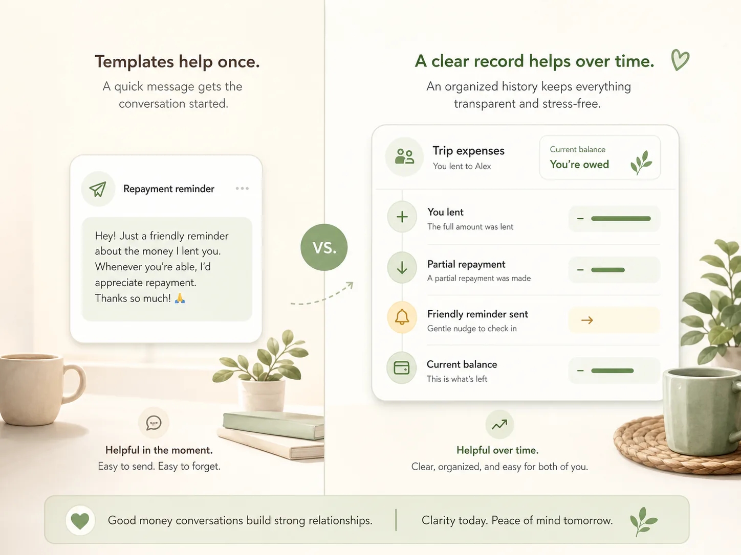 Illustration comparing a one-time repayment reminder template with an organized repayment history