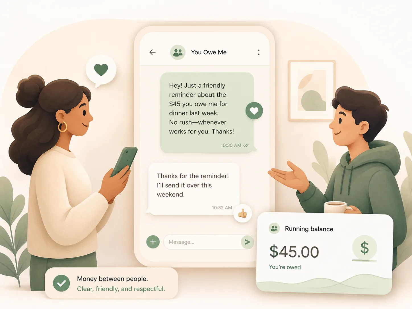 Illustration of a calm repayment reminder message and a clear money balance between two people