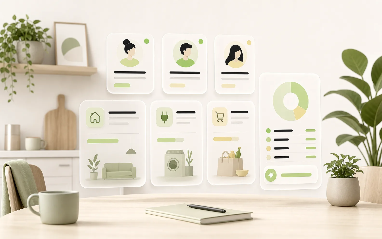 Illustration of shared roommate bills, household expense cards, and a clear balance summary on a calm apartment table.