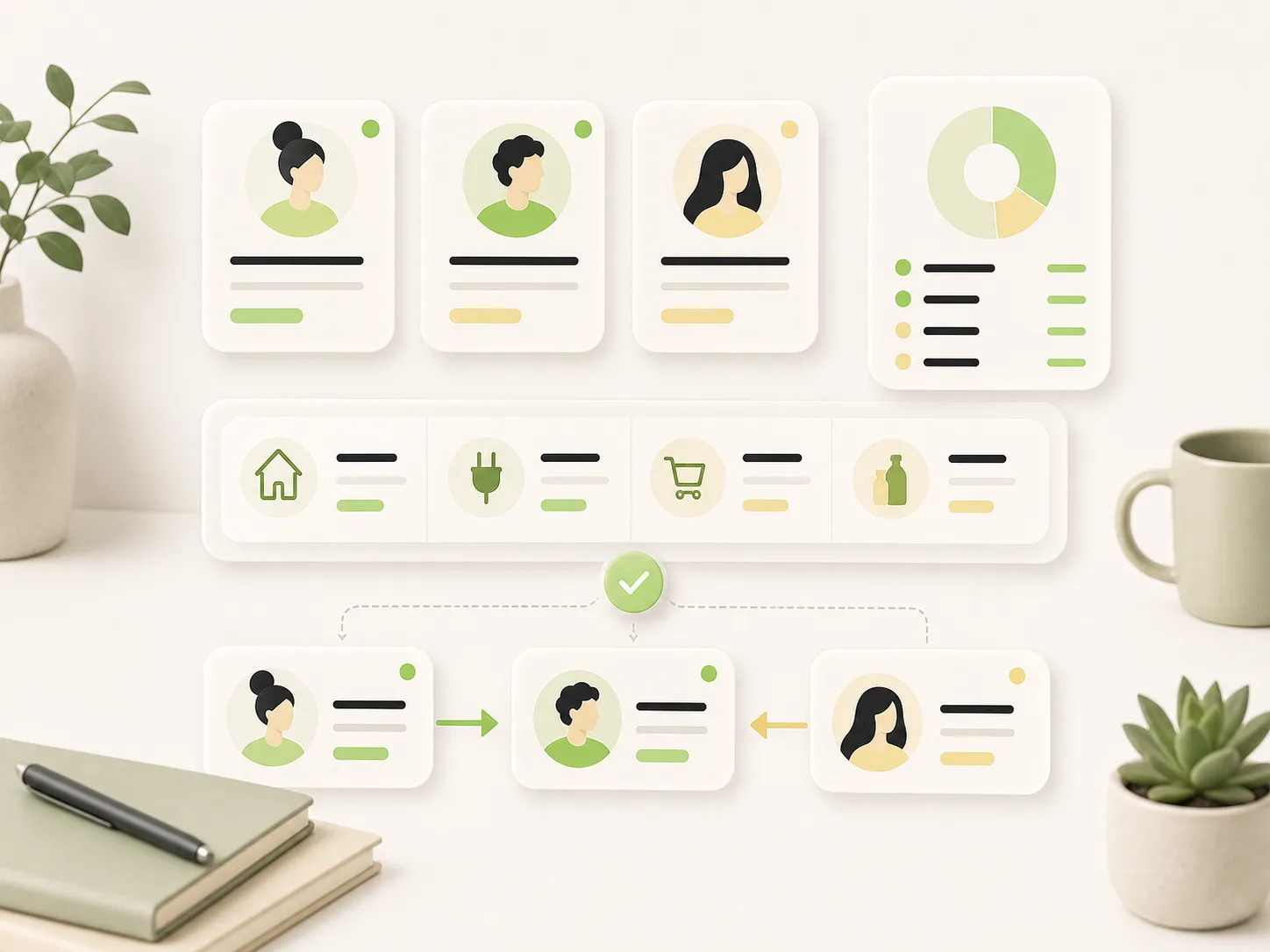 Illustration of a roommate monthly bill summary with shared expense cards and simplified balance cards.