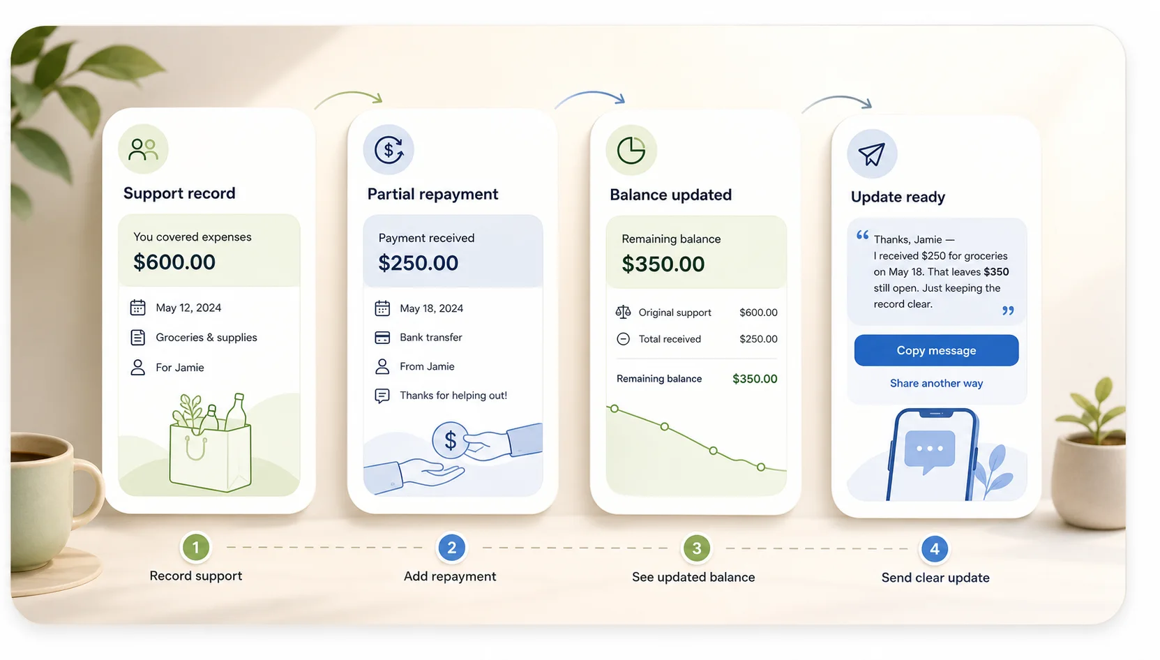 A simple support record turning into a clear balance and repayment update.