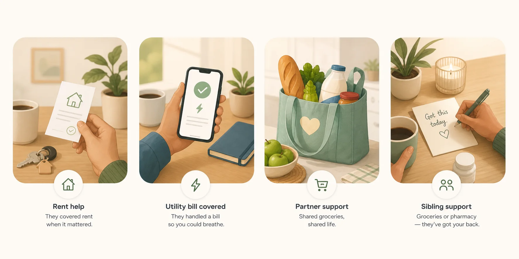 Four warm examples of temporary support situations including rent help, a utility bill, groceries, and sibling support.