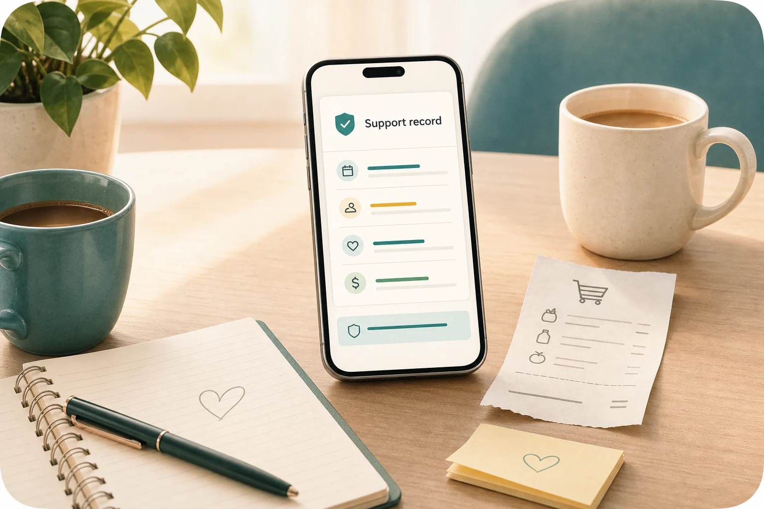 A calm temporary support record shown on a phone beside a notebook and receipt.